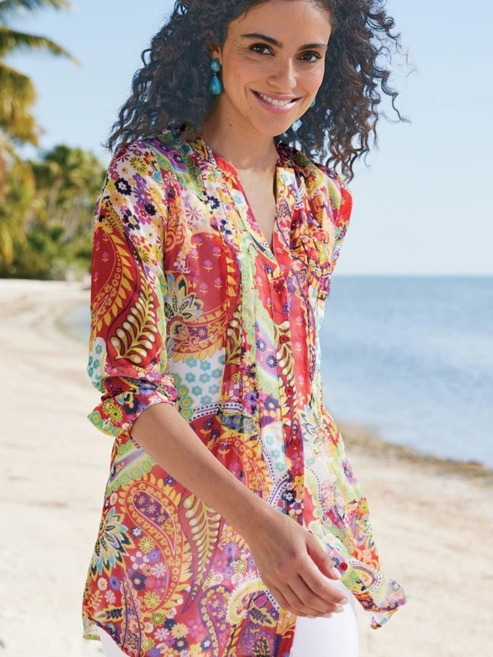 Soft Surroundings Red Multi-Color Paisley Tunic